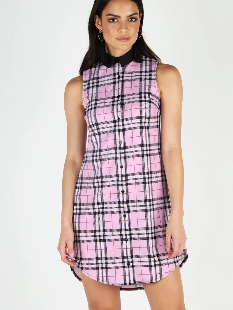 Blackmilk Pink Tartan Sleeveless Shirt Dress With Black Collar